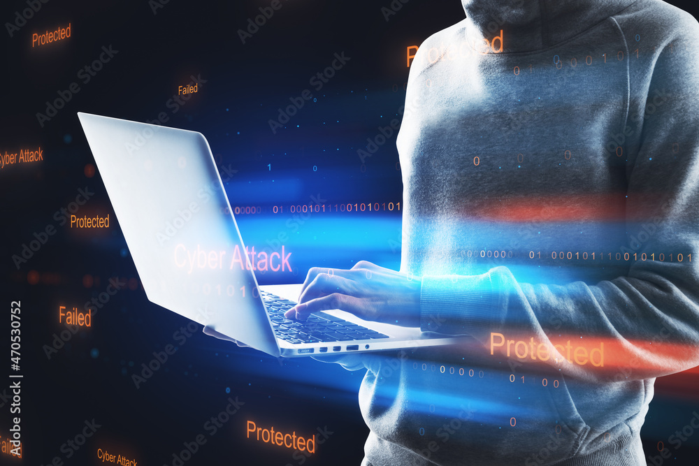 Poster Hacker using notebook with abstract binary code on blurry background. Cyber attack and hacking concept. Double exposure.