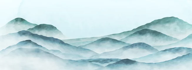 Schilderijen op glas Minimalistisch aquarellandschap met heuvels en bergen in blauwe en groene kleuren. Kunstachtergrond in oosterse stijl voor ontwerp, print © VectorART