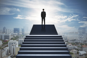 Back view of businessman standing on stairs on blurry city background. Success and growth concept.