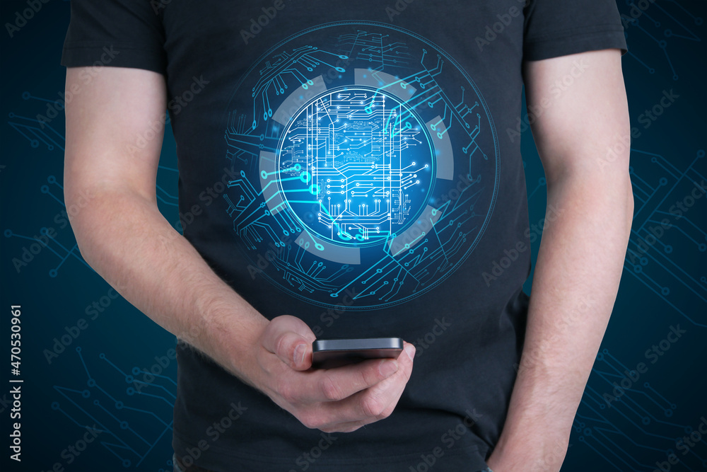 Poster close up of guy hand holding smartphone with abstract glowing digital circuit sphere on blue backgro