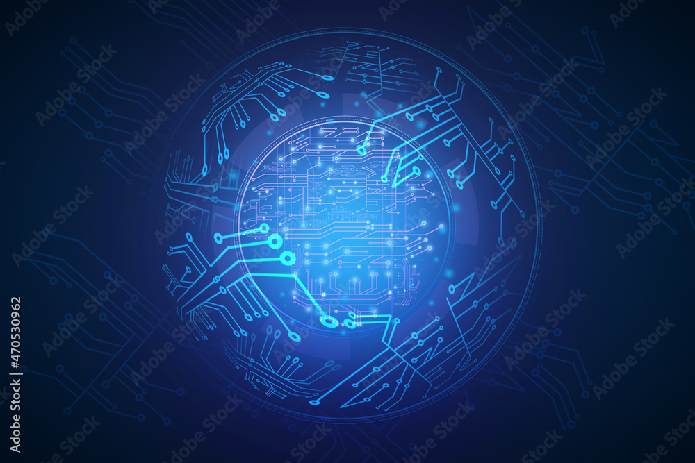 Aufkleber abstract glowing digital circuit sphere on blue background. hardware, technology and innovation conc