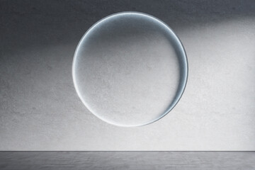 Minimalistic concrete interior with abstract clean round poster on wall. Mock up, 3D Rendering. Exhibition, gallery and art concept.