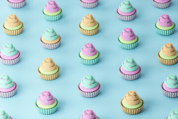 Creative rainbow cupcake pattern on blue background. Bakery and sweets concept. 3D Rendering.