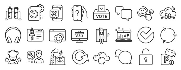 Set of Technology icons, such as Flight mode, Web shop, Seo gear icons. Vote box, Project deadline, Elevator signs. Start business, Messenger, Headphones. Verify, Recycling, Best chef. Vector