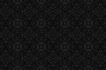 Embossed black background design with folk art elements. Original texture with geometric volumetric convex ethnic 3D pattern.Vector graphic template for business background, magazine layout.