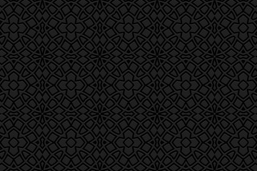 Embossed black background design with folk art elements. Stylish texture with geometric volumetric convex ethnic 3D pattern.Vector graphic template for business background, magazine layout.