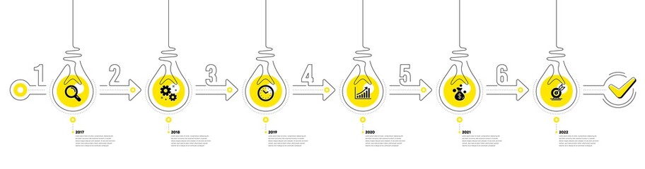 Business Infographic timeline with 6 steps. Workflow process diagram with Research, Working time, Growth chart and Goal target icons. Timeline infograph diagram. Vector