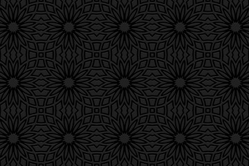 Embossed black background design with folk art elements. Floral texture with geometric volumetric convex ethnic 3D pattern.Vector graphic template for business background, magazine layout.