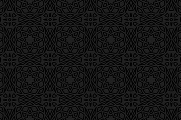 Embossed black background design with folk art elements. Beautiful texture with geometric volumetric convex ethnic 3D pattern.Vector graphic template for business background, magazine layout.