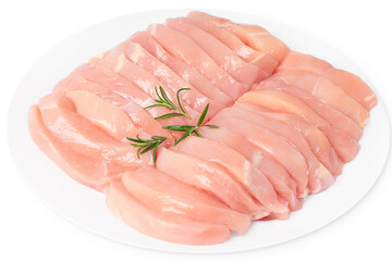 Top view of a four-piece raw whole chicken leg on a white plate on a white isolated background. Fresh chicken legs close-up isolade.