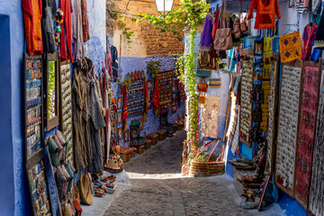 Fototapeta na wymiar Colorful Moroccan Handmade Souvenirs In Blue City Chefchaouen, Morocco, Africa.