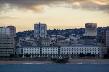 A Coru&ntilde;a city skyline at sunset