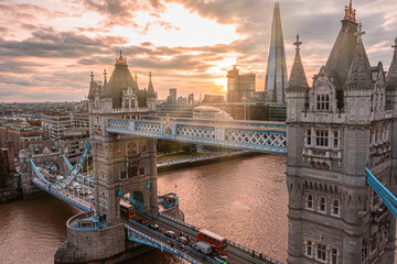 Aerial panoramic sunset view of London Tower Bridge and the River Thames, England, United Kingdom. Beautiful Tower bridge in London.