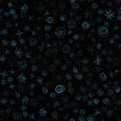Hand Drawn Snowflakes Christmas Seamless Pattern. Subtle Flying Snow Flakes on chalk snowflakes Background. Authentic chalk handdrawn snow overlay. Amazing holiday season decoration.
