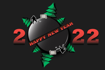 Happy new year. 2022 with hockey puck, Christmas trees and hockey player. Original template design for greeting card, banner, poster. Vector illustration on isolated background