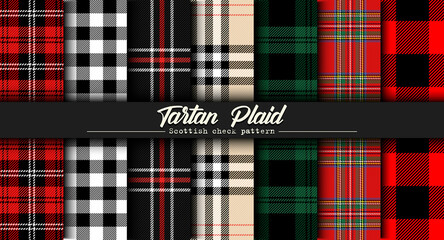 Set Christmas tartan plaid. Scottish pattern in red, black and green cage. Scottish cage. Traditional Scottish checkered background. Seamless fabric texture. Vector illustration - obrazy, fototapety, plakaty