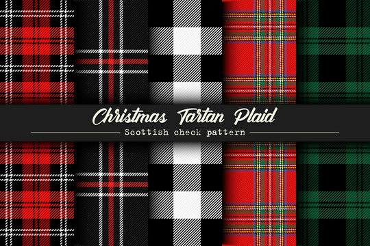 Set Christmas tartan plaid. Scottish pattern in red, black and green cage. Scottish cage. Traditional Scottish checkered background. Seamless fabric texture. Vector illustration