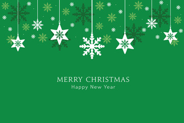 Merry Christmas and Happy New Year greeting card, design of xmas with snowflakes hanging on green background.