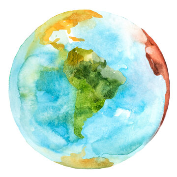 South America on the globe. Earth planet. Watercolor.