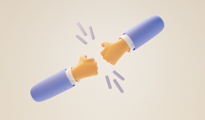 Two short cartoon hands fist bump. Greeting gesture, together punching each other or handshake. Small business arms in blue sleeve, 3d render illustration. Clip art isolated on beige background