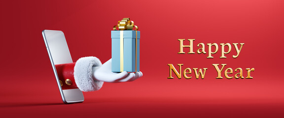 3d render. Cartoon character Santa Claus hand holds blue gift box, sticking out the mobile phone screen. Christmas banner with red background and golden Happy New Year greeting text © NeoLeo