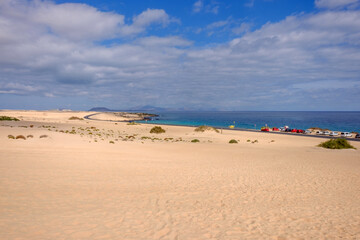 View on the sand dunes of Corralejo on the Canary Island Fuerteventura.
