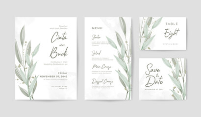 Beautiful simple wedding invitation with minimalist leaves watercolor
