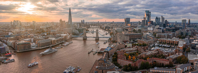 Aerial panoramic sunset view of London Tower Bridge and the River Thames, England, United Kingdom. Beautiful Tower bridge in London.