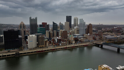 city skyline aerial from the point - pittsburgh