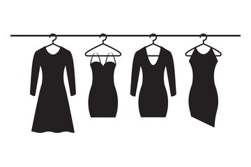 Dress hanging on hanger, black dresses isolated on white background, vector illustration.