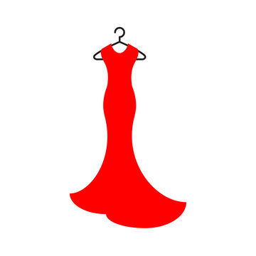 Long red dress hanging on hanger, isolated on white background, vector illustration.