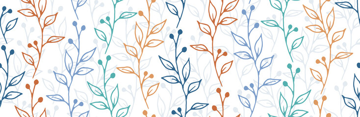 Fototapeta na wymiar Berry bush branches organic vector seamless ornament. Elegant herbal fabric print. Greenery plants leaves and buds illustration. Berry bush twigs linear repeating background