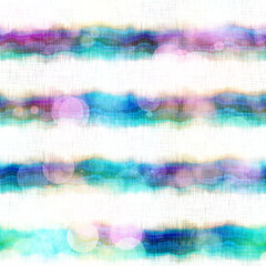 Seamless seventies tie dye stripe bokeh texture. Hippie summer wavy striped repeat background with ink dyed effect.