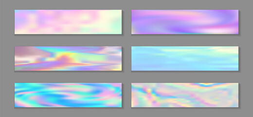 Holographic minimal banner horizontal fluid gradient mermaid backgrounds vector set. Pearlecent