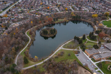 Naklejka premium Drone photo of Brampton by Hurontario and the 410 and sandalwood parkway loafers lake and Turnberry golf club in view 