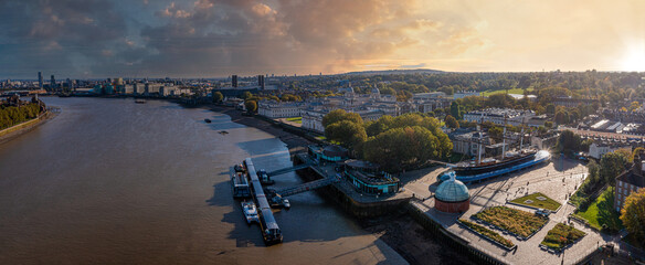 Panoramic aerial view of Greenwich Old Naval Academy by the River Thames and Old Royal Naval College building