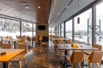 Interior of a modern mountain restaurant