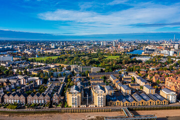Panoramic aerial view of Greenwich Old Naval Academy by the River Thames and Old Royal Naval...