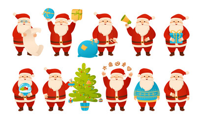 Christmas Santa Claus cartoon set. Funny character with xmas tree, gift box, cookies and bag. Happy New Year congratulation design for xmas postcard, banner, advertisement, flyer, leaflet vector