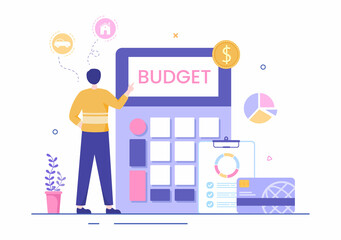 Fototapeta na wymiar Budget Financial Analyst to Managing or Planning Spending Money at Checklist on Clipboard, Calculator and Calendar Background Vector Illustration