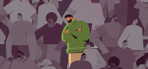tired depressed man standing out from crowd guy feeling desperate mental health diseases depression concept horizontal portrait vector illustration