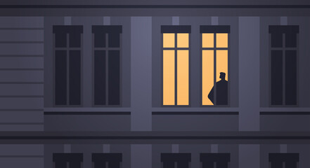 depressed guy silhouette standing in house window loneliness depressive disorder problem mental health diseases