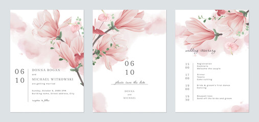 Floral wedding invitation card set template design, pink watercolor decorated with magnolia liliiflora flowerss on white - 470540957