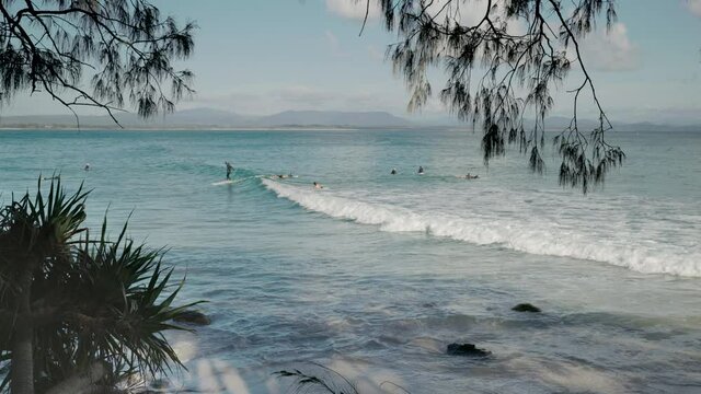 a morning shot of longboard surfers at wategos beach of byron bay in northern nsw, australia