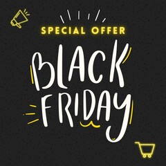 Fototapeta na wymiar Special Offer Black friday background, Black Friday promotional banner, gift box and discount text, post social media template
