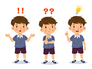 Cute little boy stand confused, thinking, and understand. Vector illustration