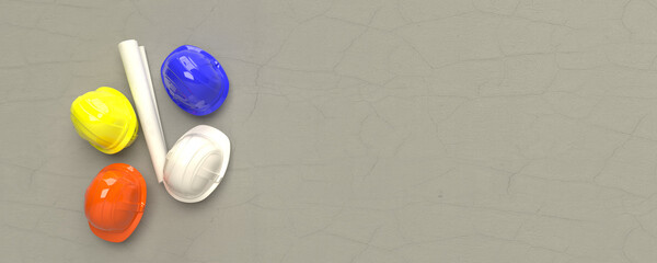 Hardhat yellow red orange blue white color blueprint on concrete for foreman technical worker person building project factory business technology mechanic construction import export logistic.3d render