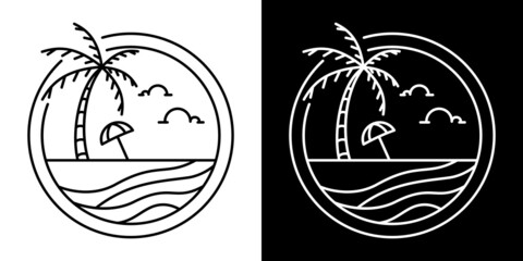 Simple beach logo with lines, available in black and white, coconut tree, sea, sun