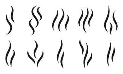 Aromas wavy icons set. Black silhouette steam, symbol smell smoking or stench. Simple template odour coffee or tea, perfume scent. Sign heat water or hot smoke. Isolated on white vector illustration