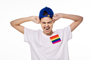 woman wearing white t-shirt lgbt flag inventor community